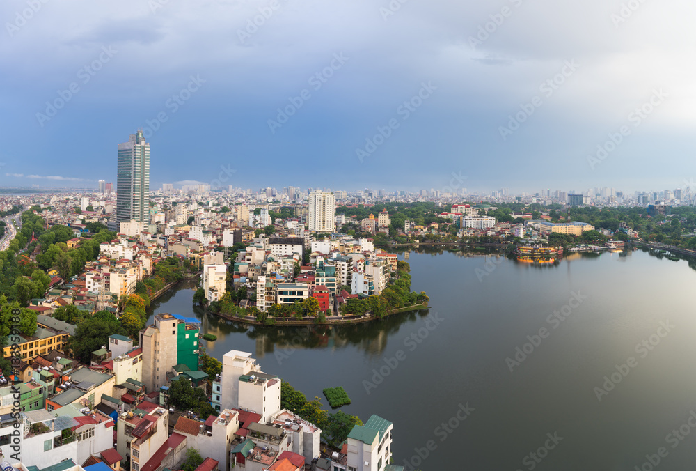 Aerial view of Hanoi skyline at West Lake. Hanoi cityscape at twilight