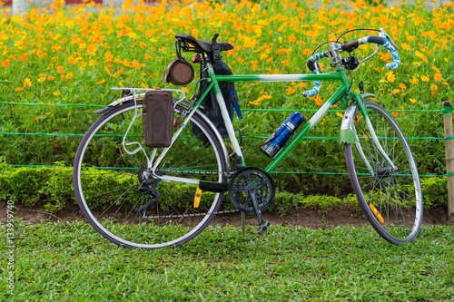 Road bike on grass with yellow daisy flowers on background in park