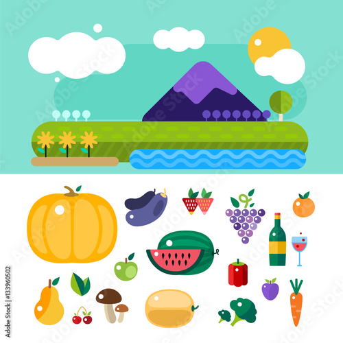 Fototapeta Naklejka Na Ścianę i Meble -  Set of colorful cartoon fruit and mountains vector illustration.