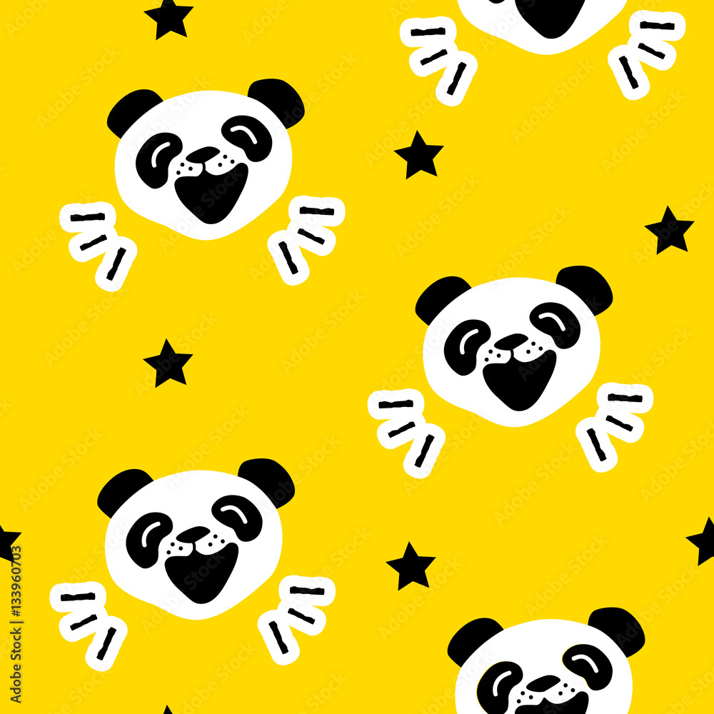 Seamless pattern with funny panda and stars. Vector background.