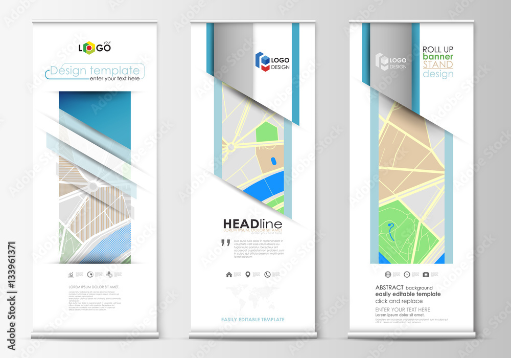 Set of roll up banner stands, geometric style, modern business concept, corporate vertical flyers, flag layouts. City map with streets. Flat design template for tourism businesses, abstract vector.