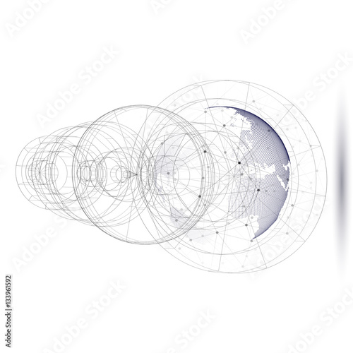 Dotted world globe with abstract construction, connecting lines and dots, molecules on white background. Molecule structure. Medicine, science, technology concept. Polygonal design vector illustration