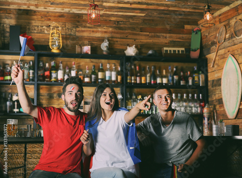 Cheerful friends emotionally watching soccer game in sport bar