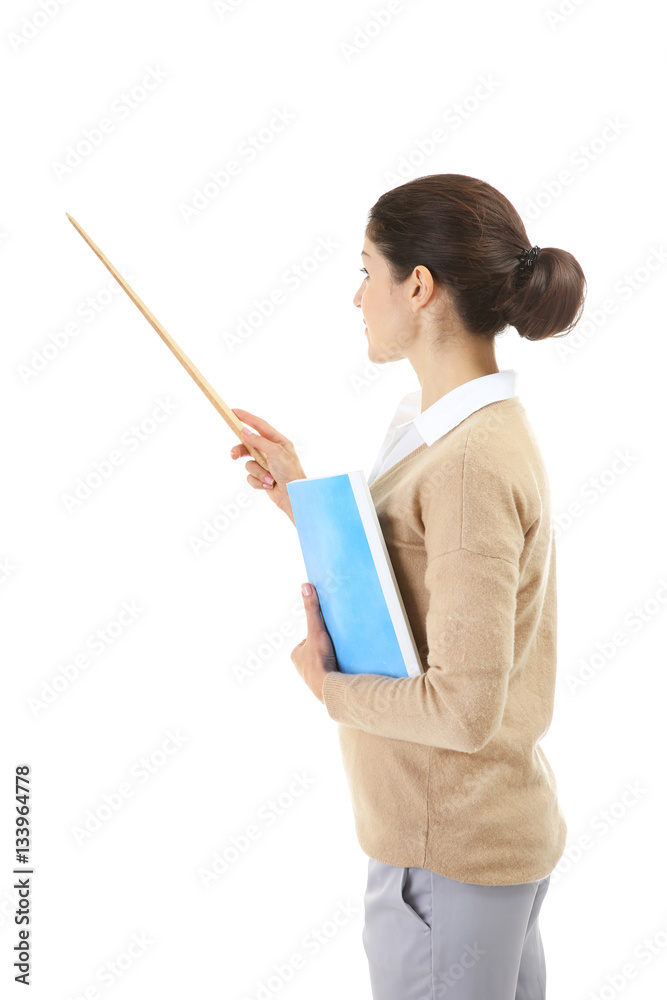 Young teacher with pointer on white background Young teacher with pointer on white background
