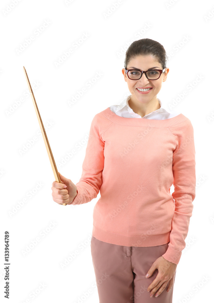 Young teacher with pointer on white background Young teacher with pointer on white background
