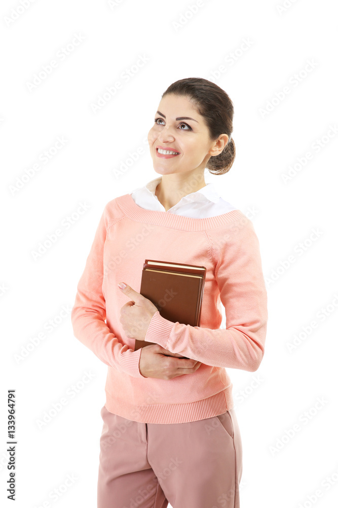 Young teacher on white background