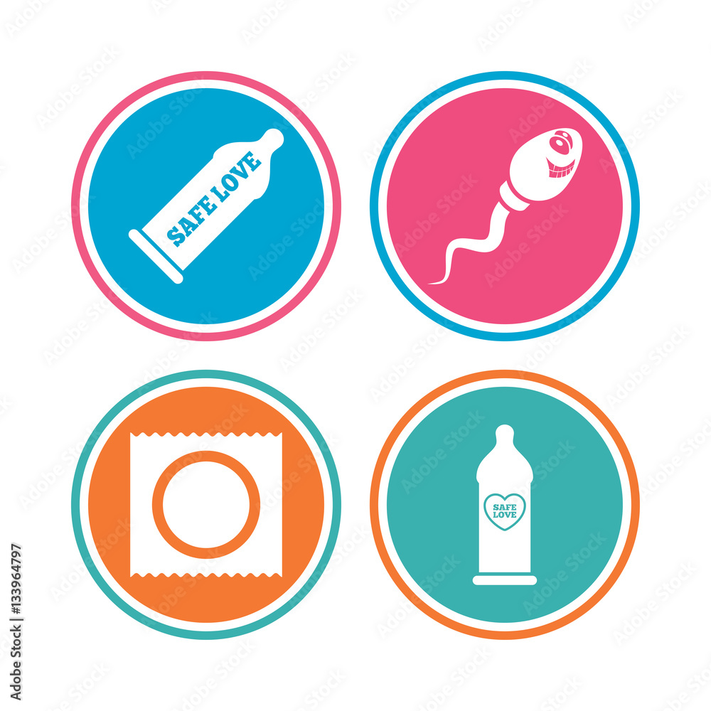Safe sex love icons. Condom in package symbols.