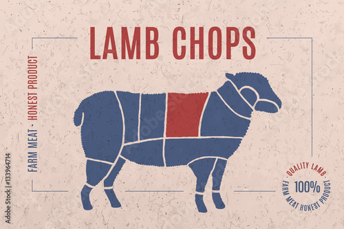 Label for lamb meat with text Lamb Chops. Creative graphic design for butcher shop, farmer market. Advertising poster for meat related theme. Vector Illustration