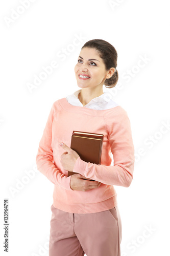 Young teacher on white back...