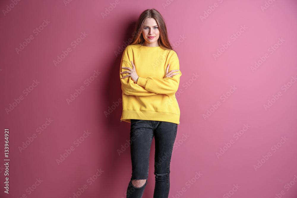 Beautiful young woman on color background Beautiful young woman on color background