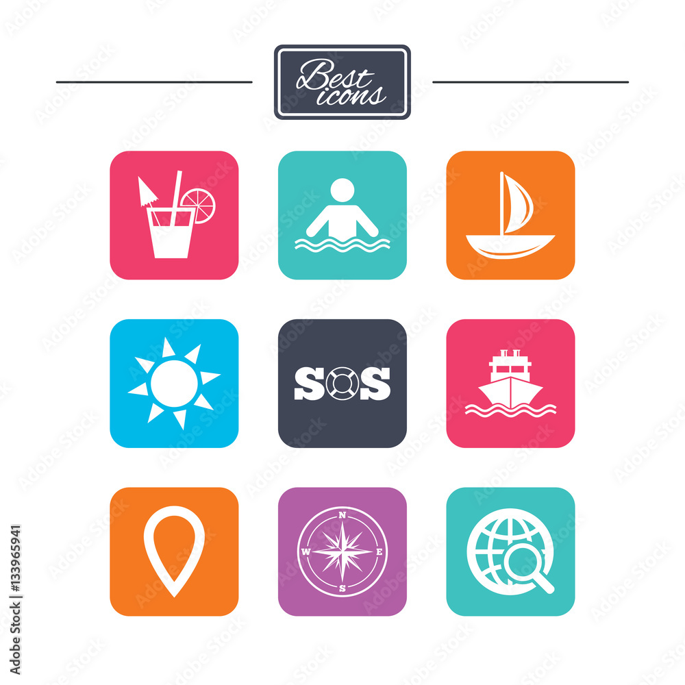 Cruise trip, ship and yacht icons. Travel signs. Cruise trip, ship and yacht icons. Travel signs.