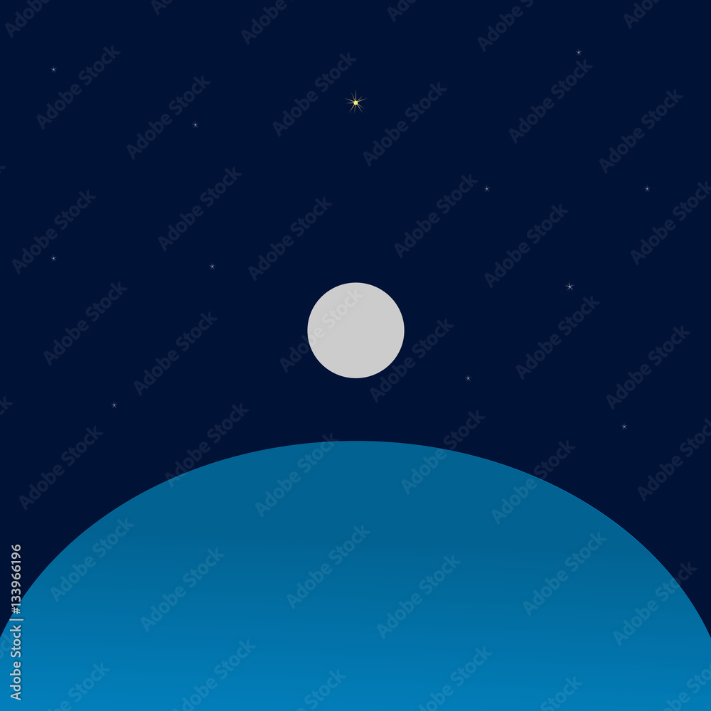 The blue space from a planet with a satellite and a star in the dark background