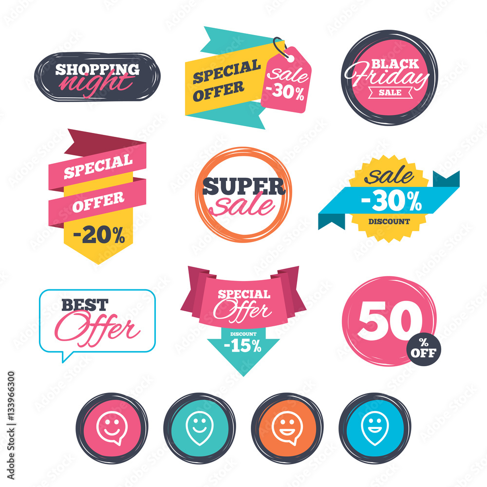 Happy face speech bubble icons. Pointer symbol. Happy face speech bubble icons. Pointer symbol.