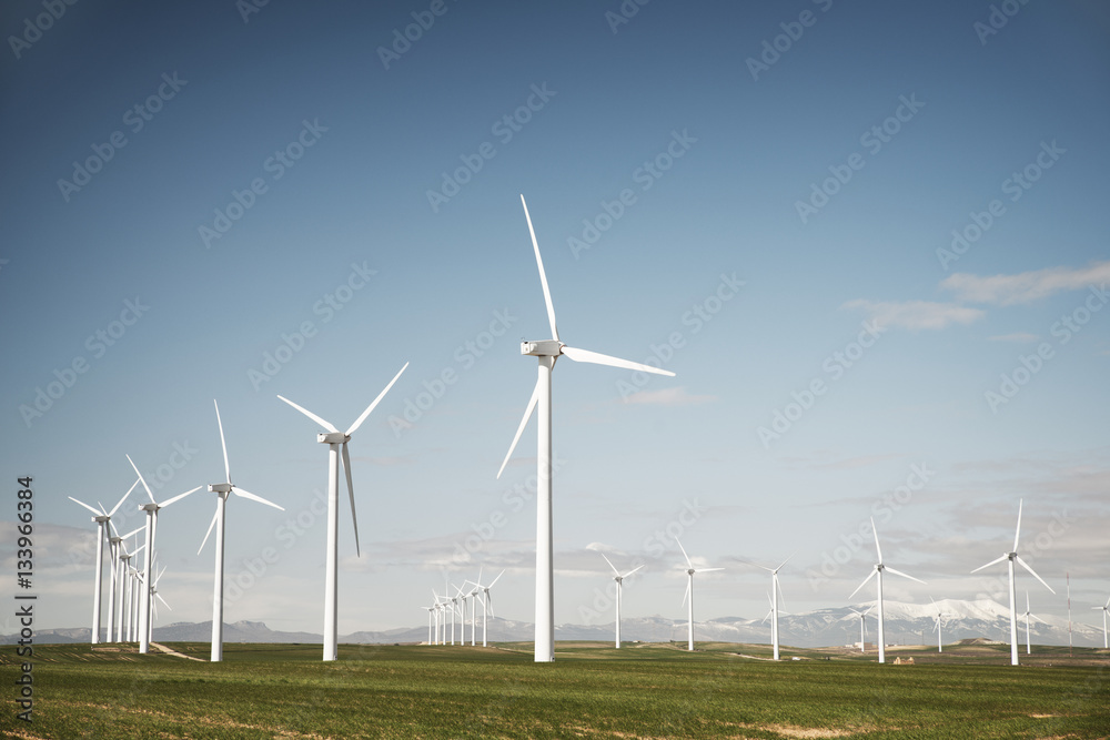 Wind turbines on field against blue sky Wind turbines on field against blue sky