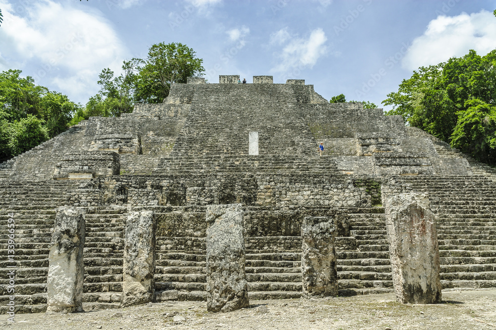 sight of the staircase of access to the big pyramid in the archaeological Calakmul place inside the reservation of the biosphere and national park of Calakmul in the state of Campeche, Mexico