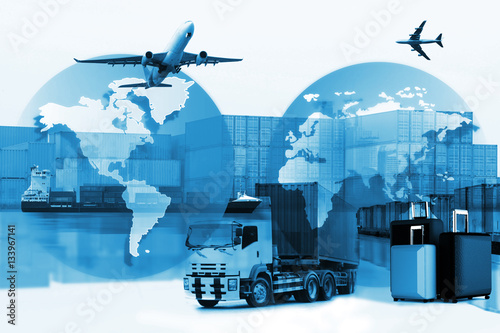 Global logistics network concept, Air cargo trucking rail transportation maritime shipping On-time delivery or worldwide travel or import-export commercial logistic business industry