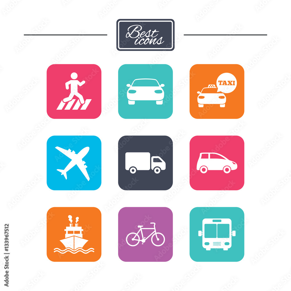 Transport icons. Car, bike, bus and taxi signs. Transport icons. Car, bike, bus and taxi signs.
