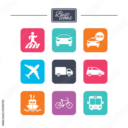 Transport icons. Car, bike, bus and taxi signs.