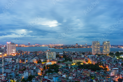 Aerial view of north West lake ( Ho Tay) in Tay Ho district. Hanoi cityscape at twilight © Hanoi Photography
