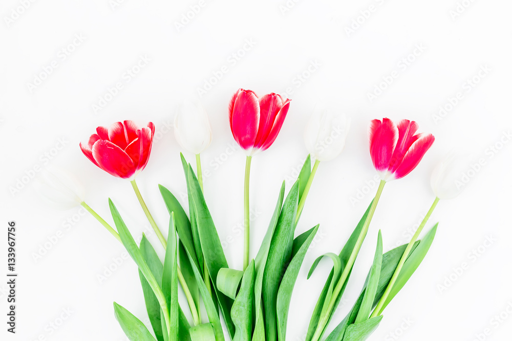Bouquet with tulips isolated on white background. Flat lay, Top view.