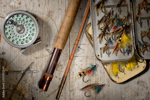 Tablou canvas Salmon fly fishing equipment