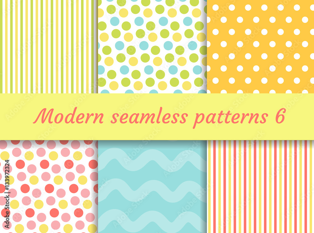 Polka dot, strips wave seamless pattern set. Digital Paper collection, modern style. Scrapbooking Kit. Vector illustration