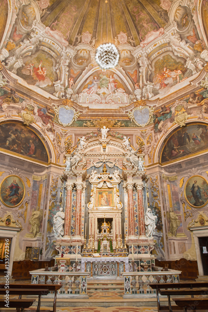 BRESCIA, ITALY - MAY 21, 2016: The main altar and the frescoes of cardinal virtues  in Chiesa di Santa Maria della Carita by Ferdinando Cairo and Luigi Vernazal from 18. cent.