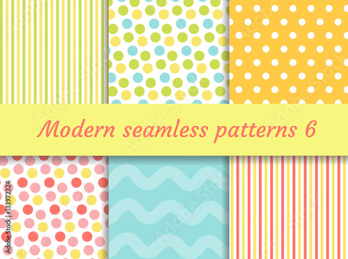 Polka dot, strips wave seamless pattern set. Digital Paper collection, modern style. Scrapbooking Kit. Vector illustration