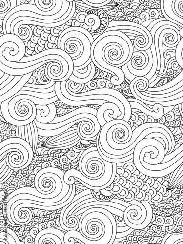 Abstract hand drawn outline wave curl seamless pattern in east asian style isolated on white background.