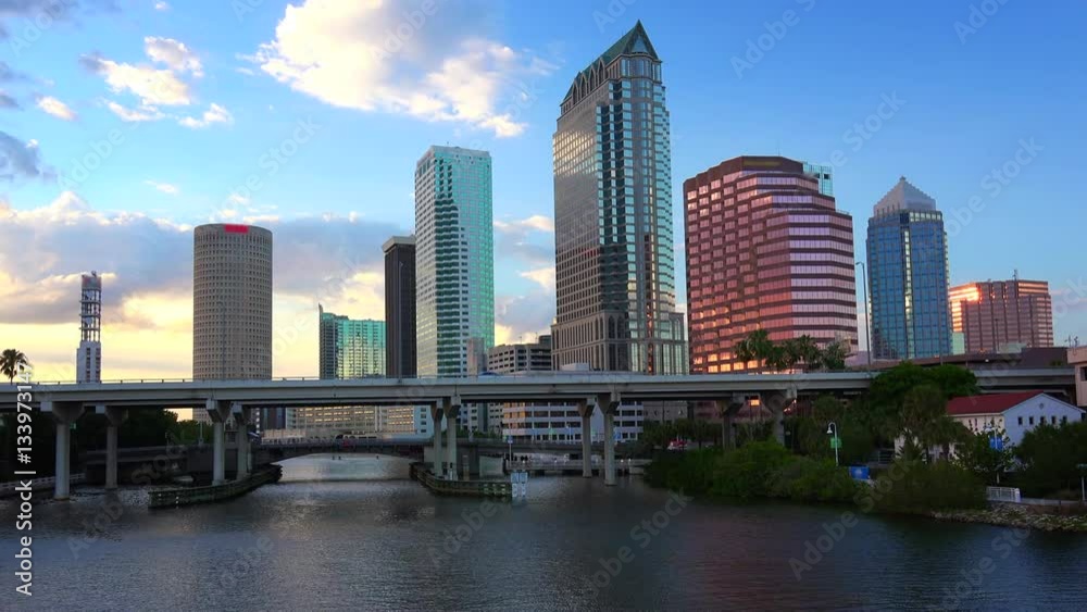 Tampa, Florida city skyline along waterfront in downtown (logos blurred for commercial use)