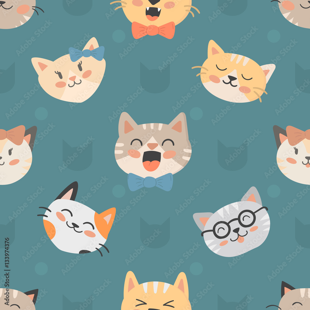 Seamless hipster cats pattern vector illustration