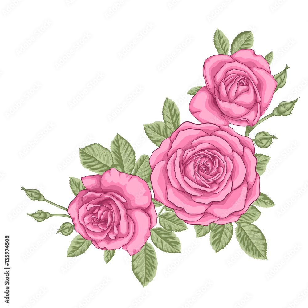 beautiful bouquet with three pink roses and leaves. Floral arrangement.