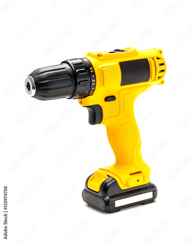 Electric drill cordless on white background