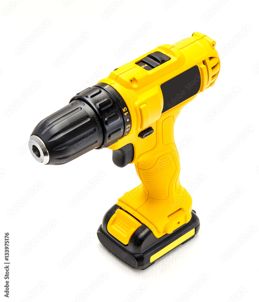 Electric drill cordless on white background