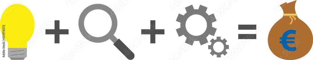 Light bulb, magnifier, gears equals euro Light bulb, magnifier, gears equals euro