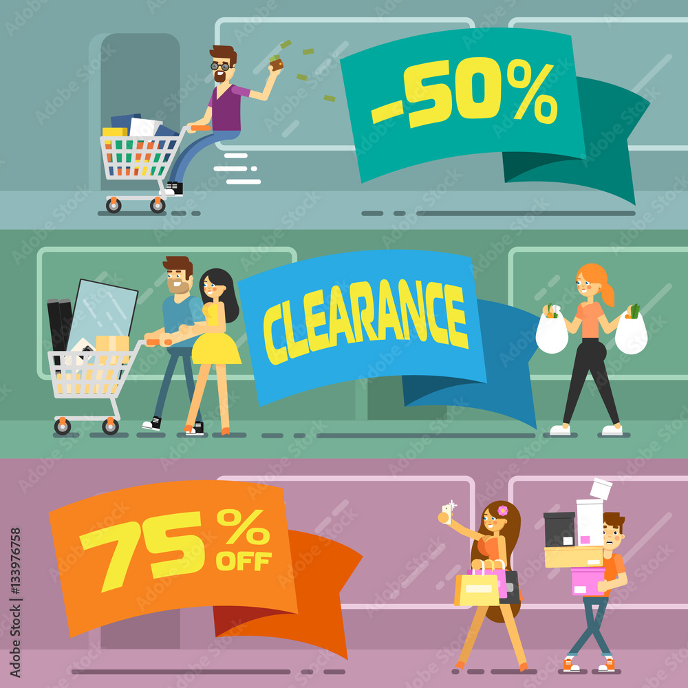 Sale banners with shopping people vector illustration. Price clearance concept, super sale promo, discount proposition, retail advertisement template. Young people shopping in mall poster in flat