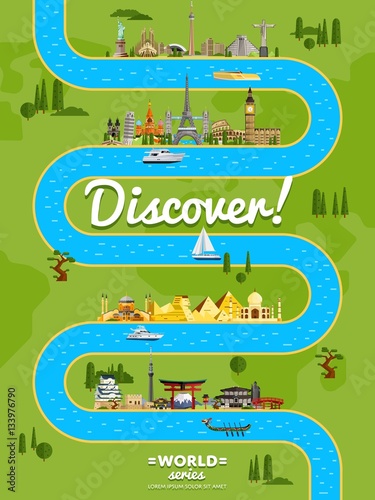 Discover the world poster with famous world attractions along winding river vector illustration. Travel design with european, asian and american architecture. Worldwide traveling, time to travel