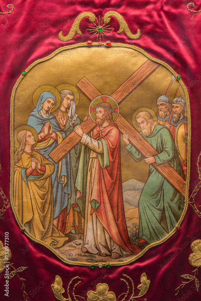 SALAMANCA, SPAIN, APRIL - 18, 2016: The Jesus meet his mother. The painting on the vestment in Convento de las Duanas by unknown artist.