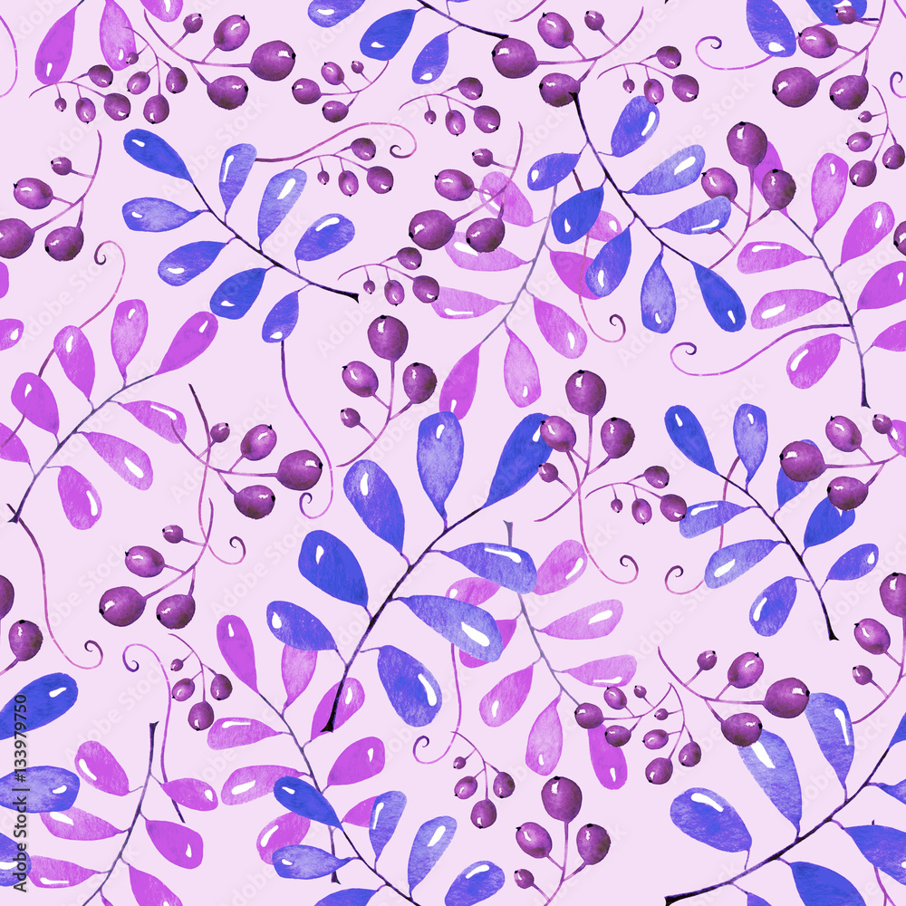 Watercolor, seamless, vintage pattern with different branches, leaves, berries, grapes.  Trendy, stylish design for various design and decoration