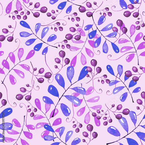 Watercolor  seamless  vintage pattern with different branches  leaves  berries  grapes.  Trendy  stylish design for various design and decoration