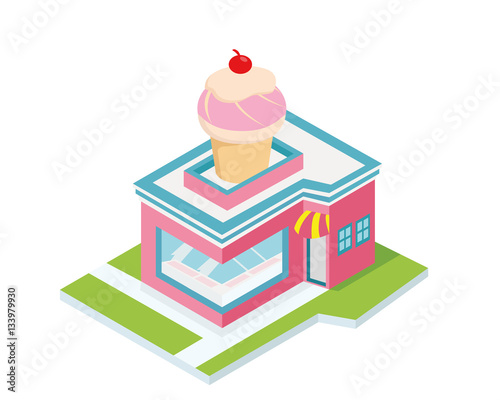 Modern Isometric Commercial Restaurant Building - Ice Cream Parlor