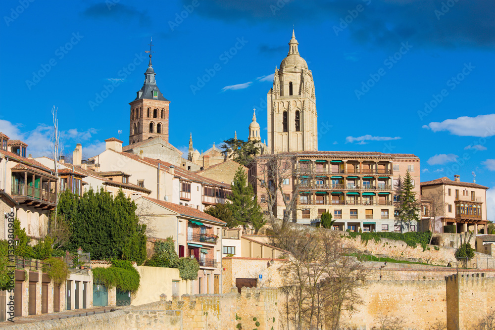 Segovia - The walls of the Town and the cathedral tower in the background