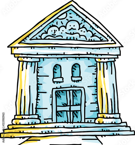A cartoon of a bank in an historic architectural style.