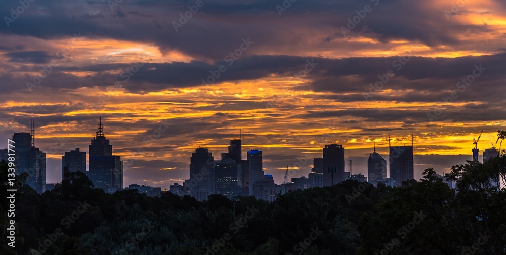 Melbourne city skyline and dusk or early sunset showing buildings and clouds and trees in the foreground