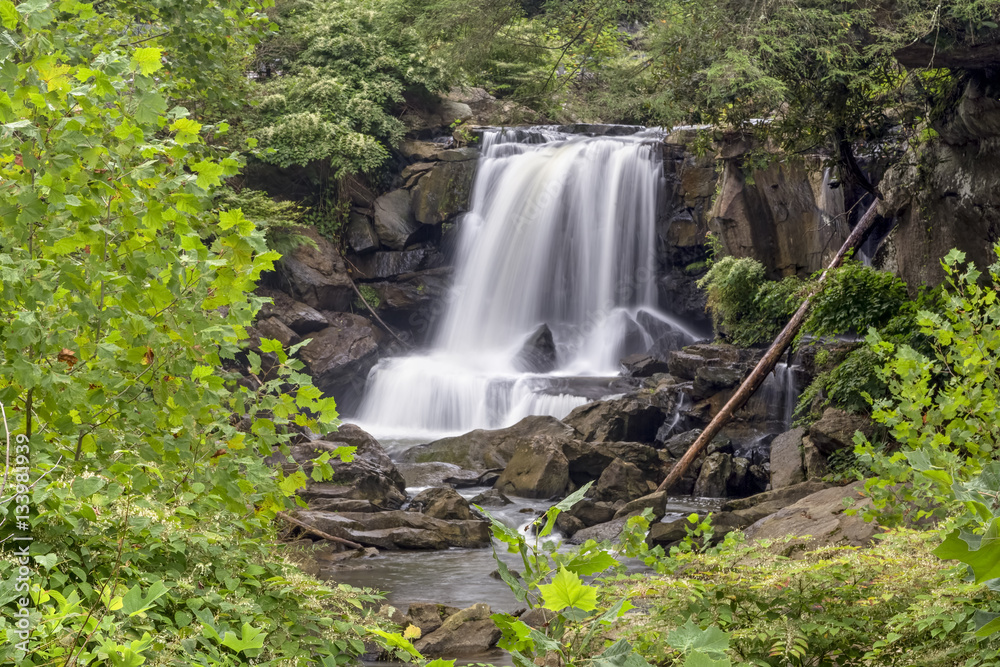 Obraz premium Laurel Creek splashes over a beautiful waterfall in Fayette County, West Virginia's New River Gorge region.