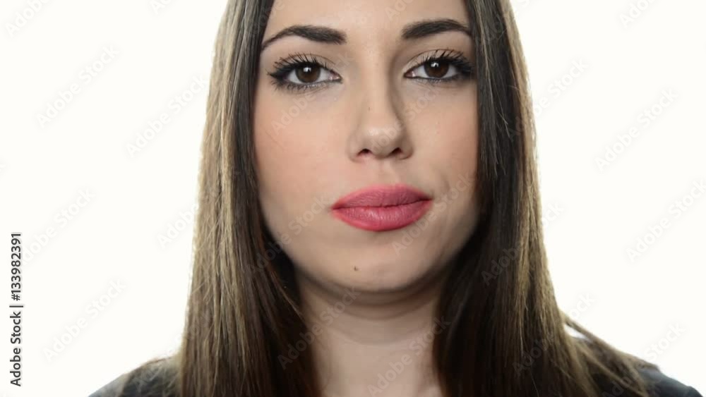Young woman chew chewing gum with mouth open 