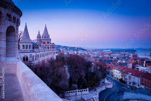 FIsherman's Bastion overlooking the city of Budapest at sunset, in Hungary, winter photo