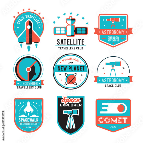 Vintage space and astronaut badges or labels set.