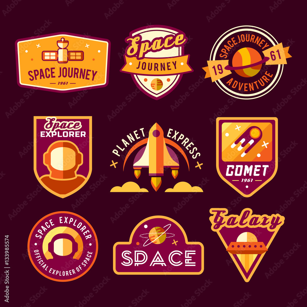 Naklejka premium Vintage space and astronaut badges or labels set.