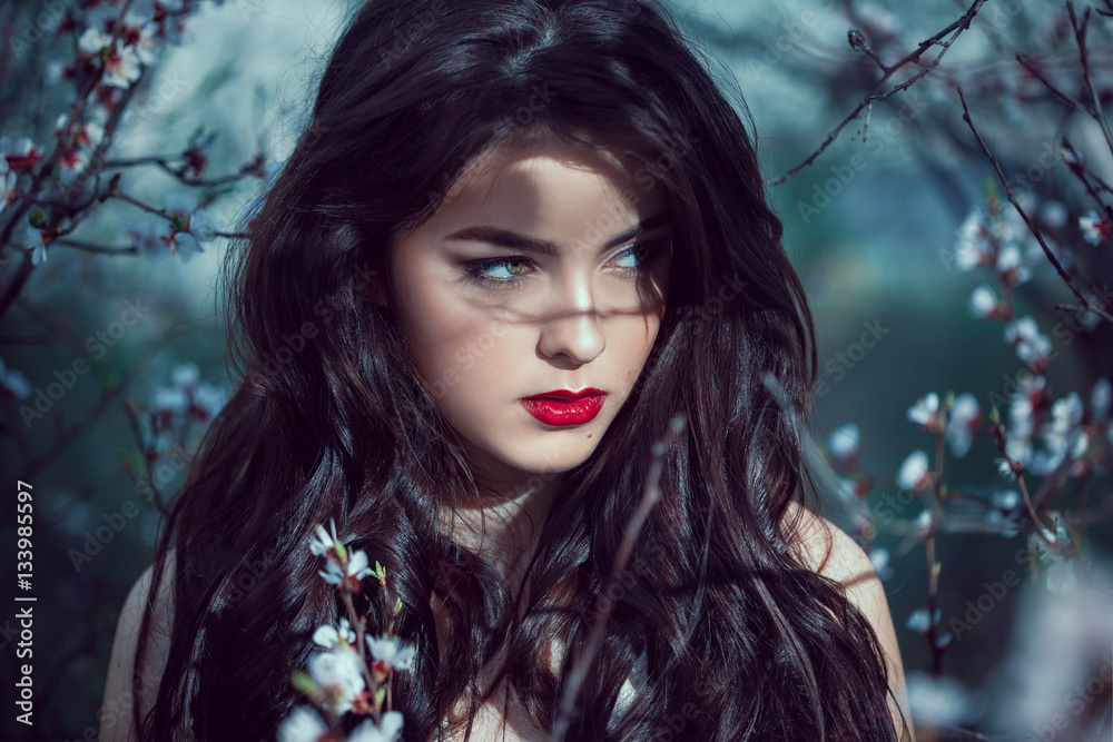 Art Fashion Spring Model Girl Portrait in Night Forest Art Fashion Spring Model Girl Portrait in Night Forest